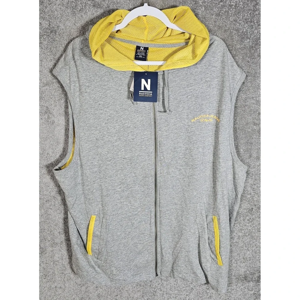 Nautica‎ Jeans Sleeveless Hooded Zip Up Jacket Mens XXL Gray Yellow Pockets New
